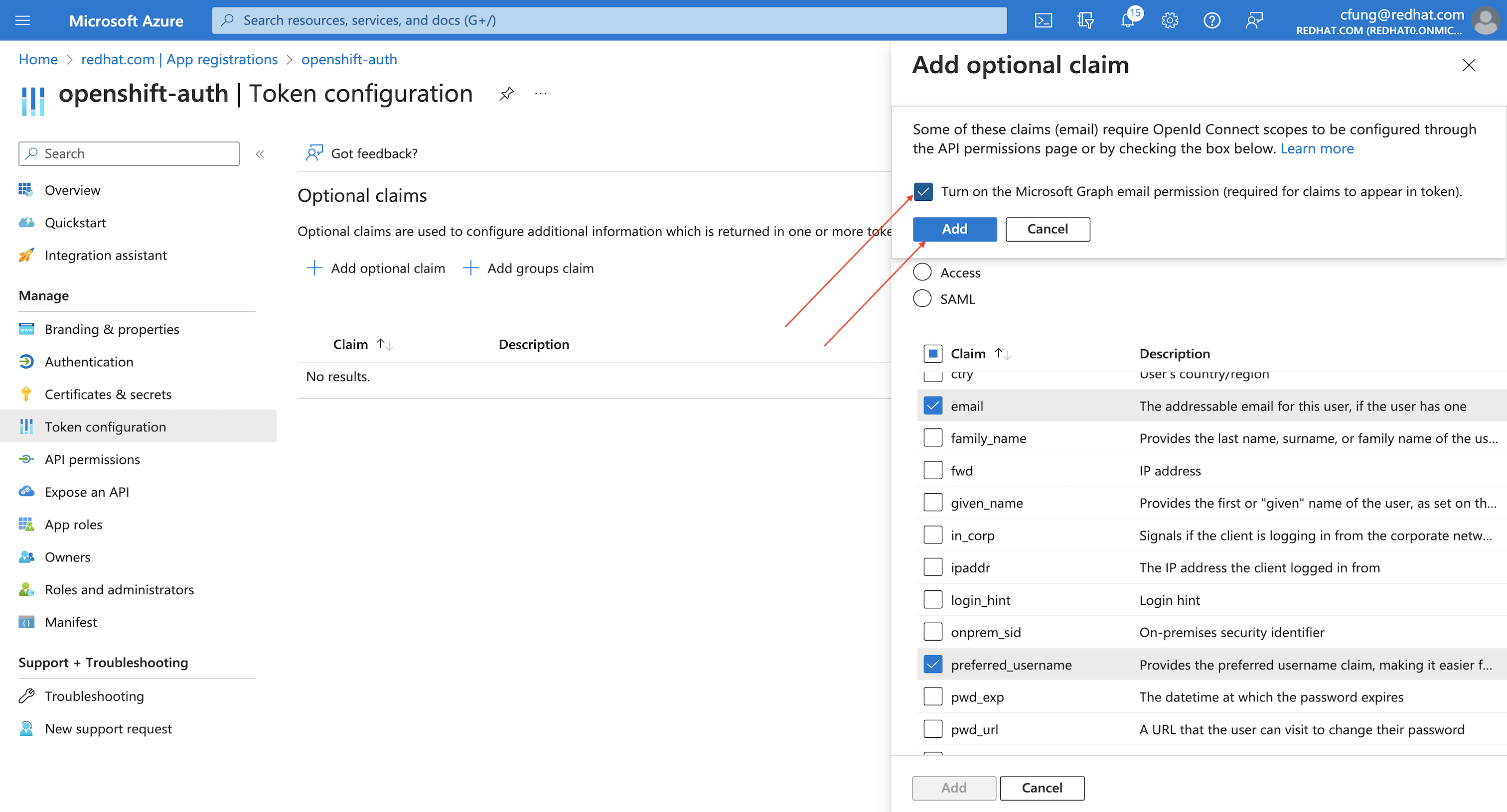 Azure Portal - Add Optional Claims - Graph Permissions Prompt